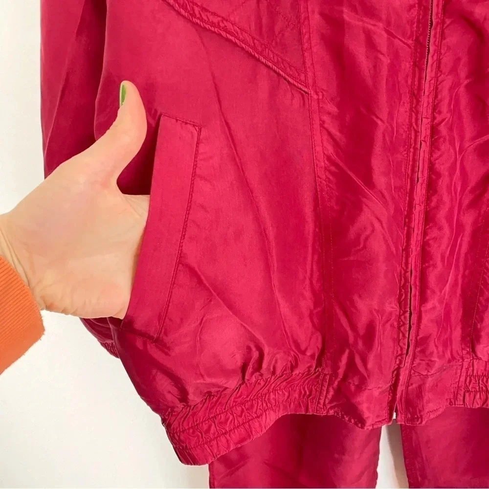 Vintage 80s 90s Silk Windbreaker Sweat Suit Jacket Pants Large Red Quilted - Picture 4 of 16